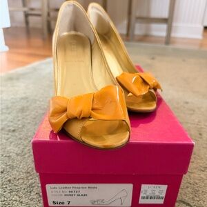 J. Crew Mustard Peep-Toe Heels with Bow